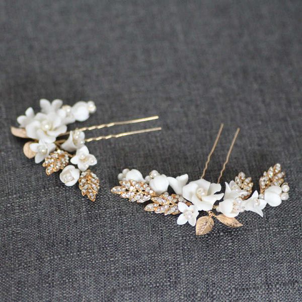 Jonnafe Porcellana Fiore Forcine per capelli da sposa Pezzo Foglia oro Copricapo da sposa Fatto a mano Accessori per capelli da ballo per donna X0625