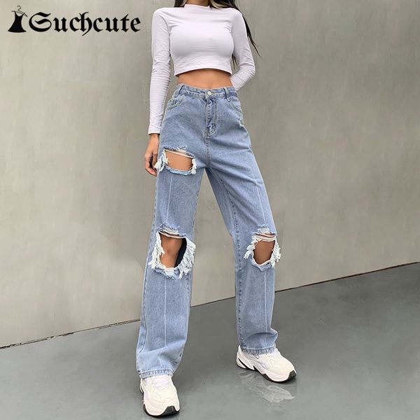 

women's pants & capris high waist streetwear ripped holes jeans for women korean style casual straight 90s outfits denim trousers, Black;white