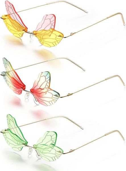 

outdoor eyewear dragonfly wing shape sunglasses rimless frameless irregular glasses vintage with storage bags and cloths for wom