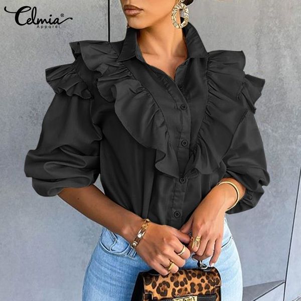 

blouses celmia fashion ruffled blouse women elegant puff sleeve ol shirts 2021 spring casual buttons solid blusas plus size 5xl 7, White
