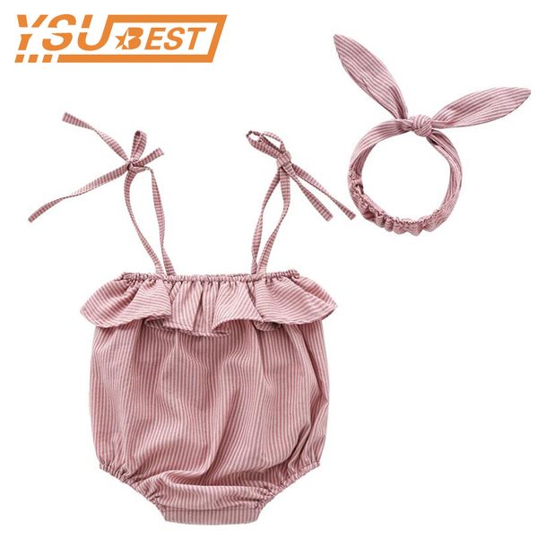 

0-24m toddler rompers infant baby girls clothes camisole cute bodysuit jumpsuit sunsuit outfit + hairband 2pcs 210429, Blue