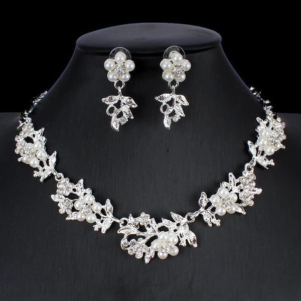 

wedding jewelry sets silver color imitation pearl set for women necklace earrings gifts wholesale, Slivery;golden