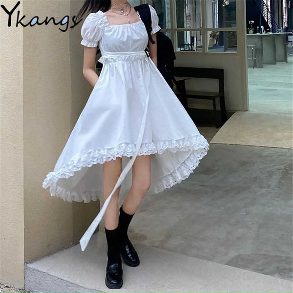 Japaner Lolita Gothic Kleid Frauen Square Kragen Vintage Puffhülse Unregelmäßige Kleid Hohe Taille A-Line Süße Spitze Spleißkleidung 210619