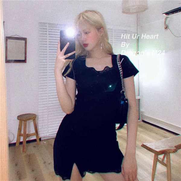 

french minority light familiar style dress women's summer tight design temperament girl blue skirt, Black;gray