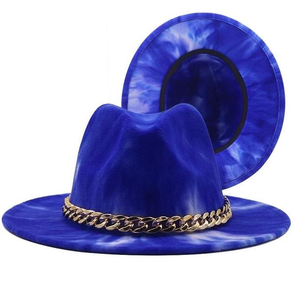 

wide brim hats metal chain colorful fedora hat men women imitation woolen felt leather panama trilby formal party cap, Blue;gray