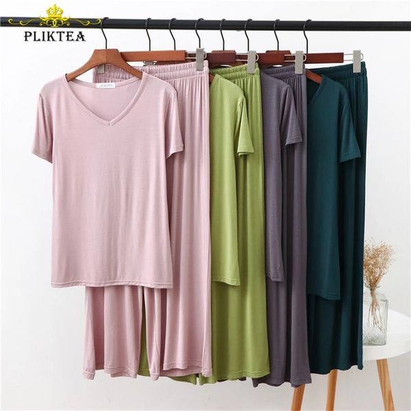 

2 piece set modal homewear for women solid color loose pajamas short sleeve t shirt and pants summer home clothes 210809, Black;red