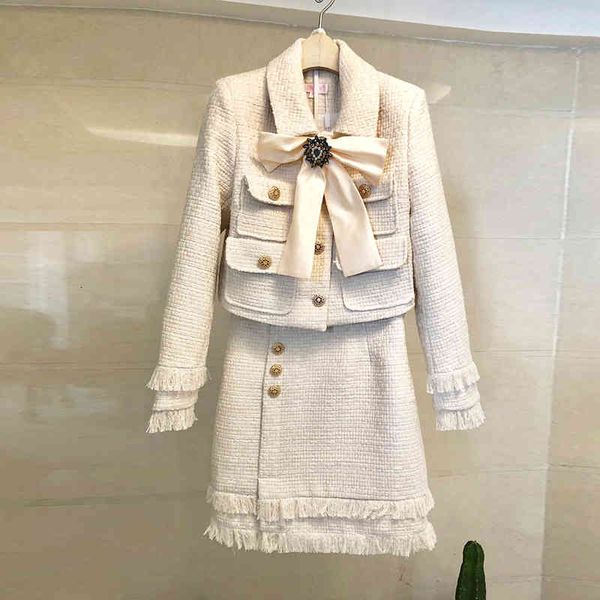 

two piece dress skirt suits women runway luxury designers elegant office ladies formal tweed blazer jacket mini 2 set winter outfits cmxr, White