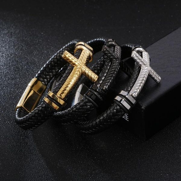 

bangle fashion creative cross men's braided charm leather bracelet gift, Black