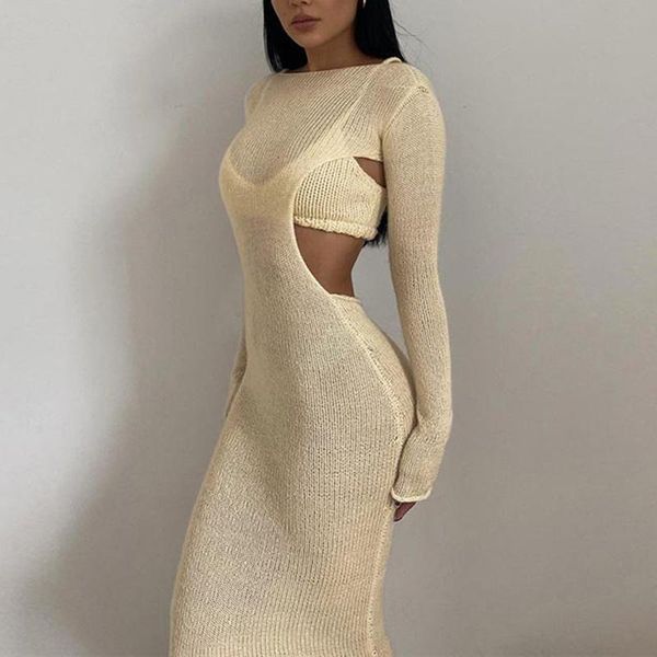 

casual dresses 2021 women winter fall solid bodycon see through midi dress hollow out party club long sleeve pencil knitted female, Black;gray