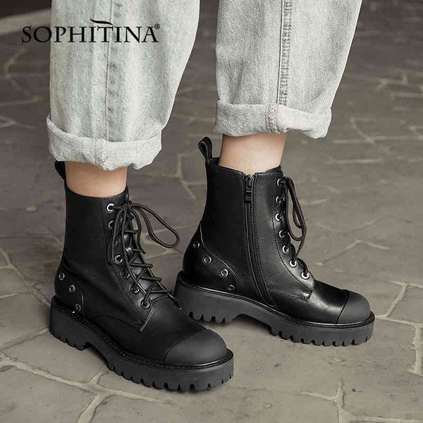 

sophitina women boots platform fashion cross-tied zipper antiskid patchwork shoes round toe mid heel casual women shoes so743 210513, Black