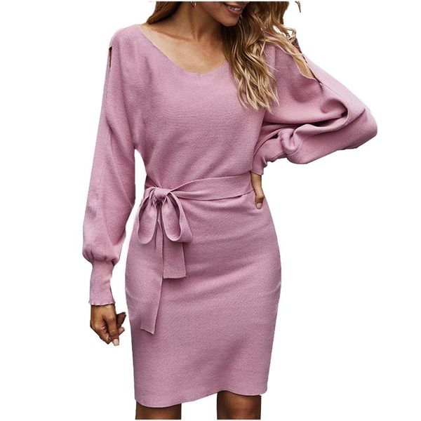 

casual dresses ladies lace up knitted autumn winter womens close waist high mini dress long sleeve vestidos robe femme hiver 2021, Black;gray