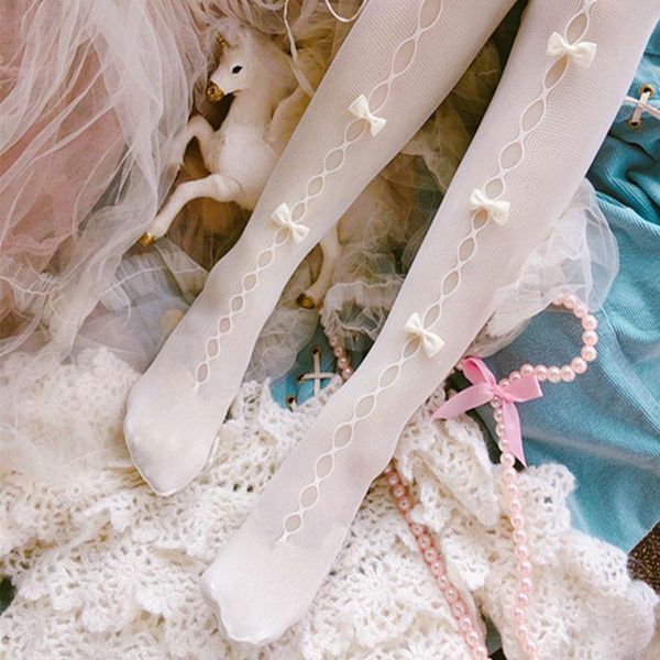 

japanese-style sweet women's tights lolita hollow out lace silk stockings girl's vintage bow cute pantyhose female hosiery socks &, Black;white