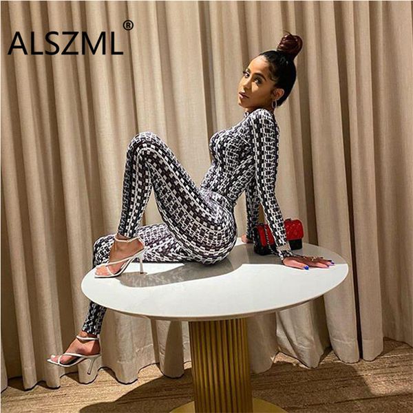 

autumn winter long sleeve jumpsuit women active wear high waist rompers print night club one piece overalls, Black;white