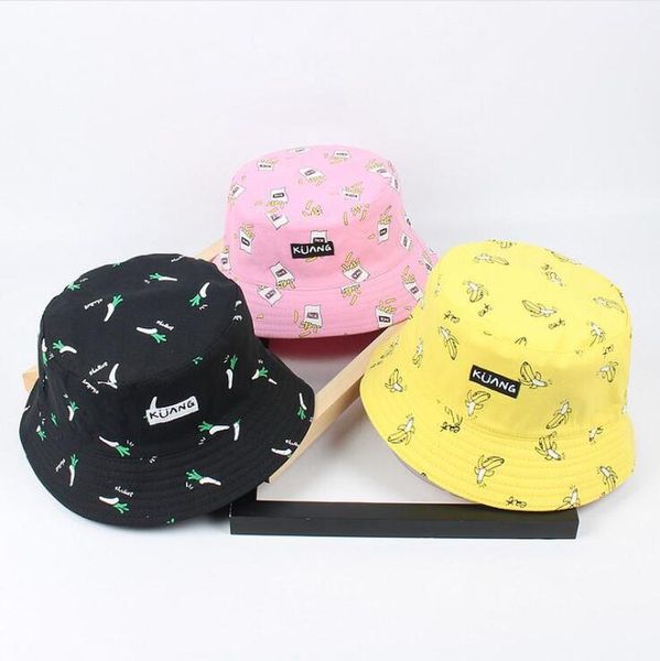 

wide brim hats banana fries printing fisherman hat basin female double-sided wearing sun summer street casual couple, Blue;gray