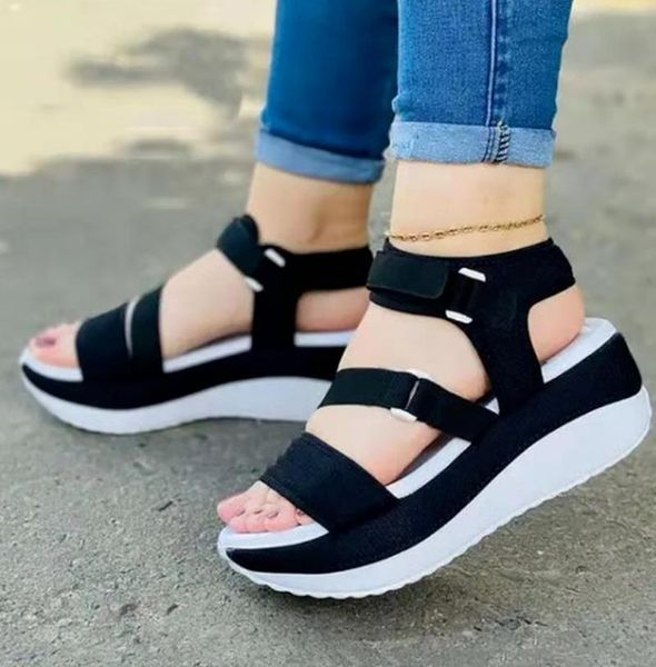 

sandals mesh mid high heels wedges vintage summer shoes woman women plus size gladiator sandalias mujer sapato feminino sa0824, Black