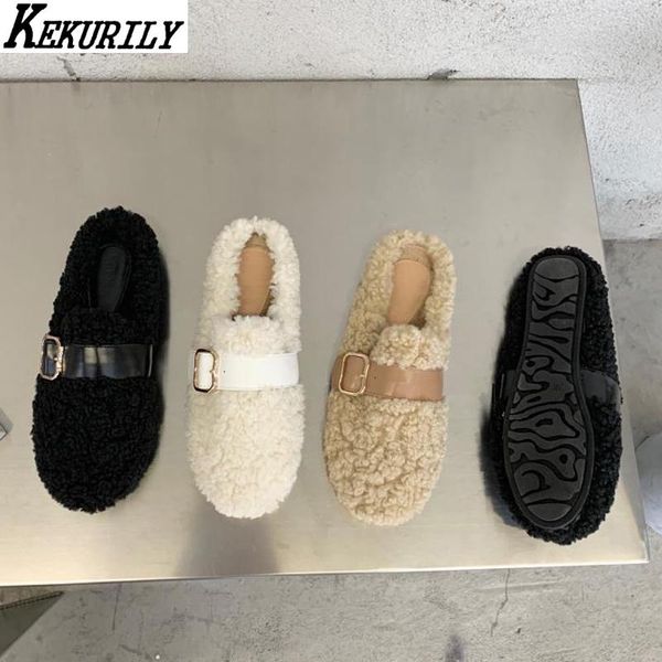 

fur mules women round toe flats slippers buckle furry slides comfortable slip on shoes casual loafers shallow sandalias mujer, Black