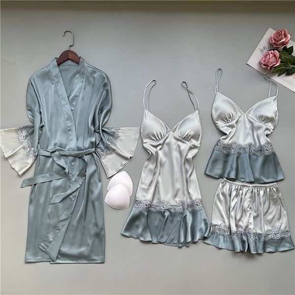 

women's sleepwear lace trim satin pijamas summer women pajamas set patchwork flared sleeves wedding robe suit loose silky home wea, Black;red