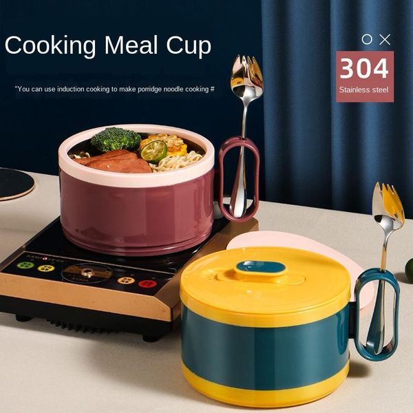 

dinnerware sets stainless steel instant noodle double-layer portable lunch box bowl with lid soup student dormitory cooking potld582