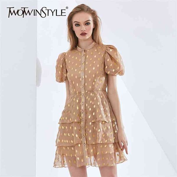 

polka dot ruffle summer dress for women o neck puff sleeve high waist print dresses female womens clothing 210520, Black;gray