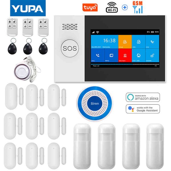 TUYA WIFIGSM 4,3-Zoll-Full-Touch-Smart-Alarm-Sicherheitssystem mit drahtloser Mini-Sirene für den Innenbereich, funktioniert mit Alexa und Google Home