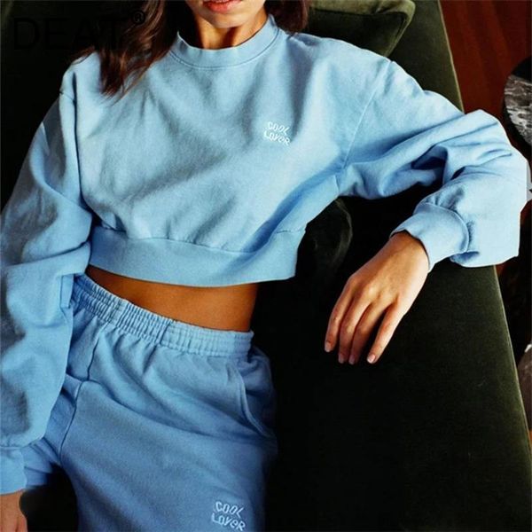 

women's two piece pants [deat] 2021 summer fashion tide round neck long sleeve sweatshirt elastic waist pencil women two-piece suit 13z, White
