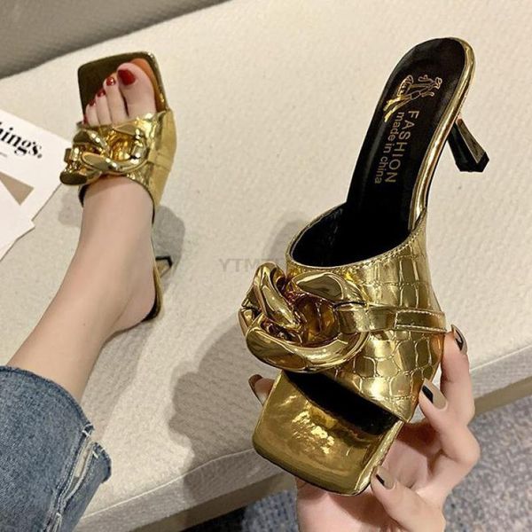 

slippers 2021 arrival office lady metal chain leather party sandals women indoor thin heels ytmtloy house sapato feminino, Black