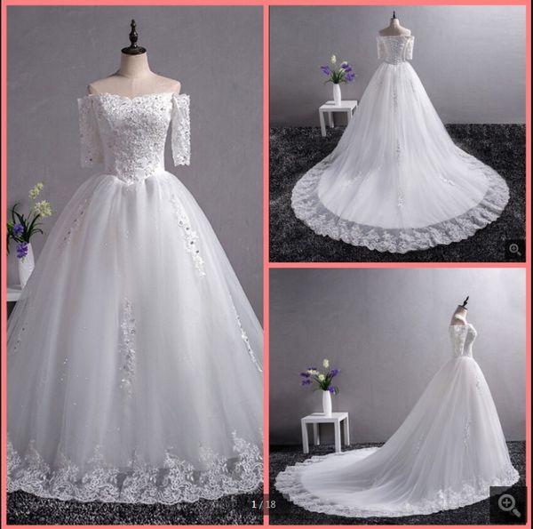 

white real picture wedding dresses lace appliques beaded off the shoulder vintage ball gown bride dress corset half sleeve court train modes