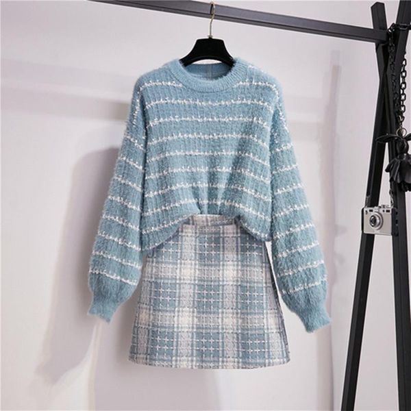 

two piece dress women lantern sleeve striped knitted sweater +high waist tweed mini skirt sets woolen suit, White