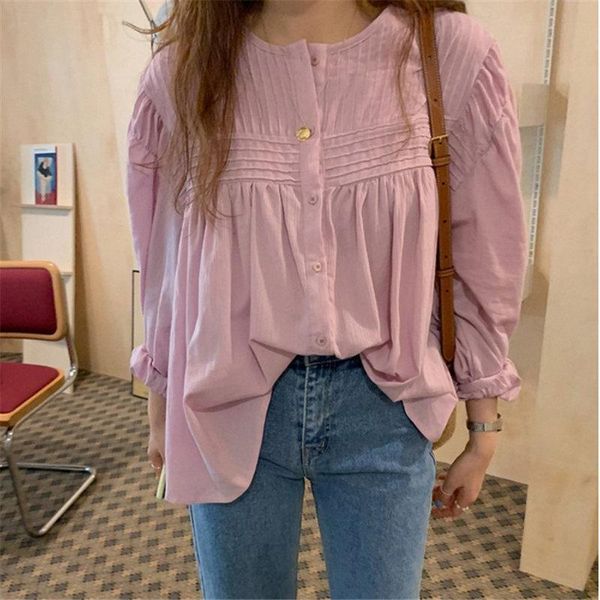 

women's blouses & shirts women purple-pink loose casual 2021 ol style solid chic basic long sleeve all match blusas, White