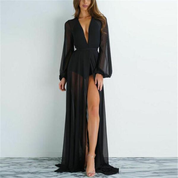 

women's swimwear 2021 summer women chiffon see-through bikini long cover up swimsuit beach dress bathing suit, White;black
