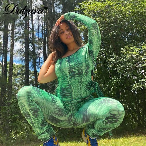 

dulzura tie dye chain print women two piece set lace up one shoulder long sleeve hollow out leggings matching sporty streetwear, Black;white