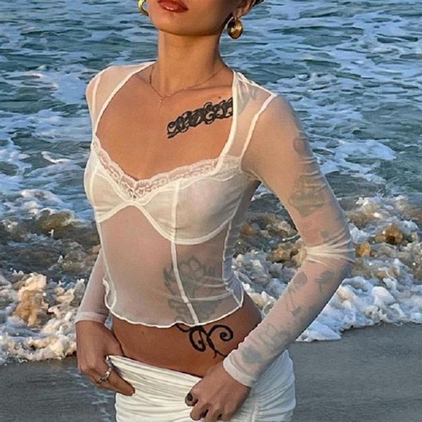 

women's blouses & shirts lace trim mesh crop ladies long sleeve for nightclub party patchwork style see-through square neck, White