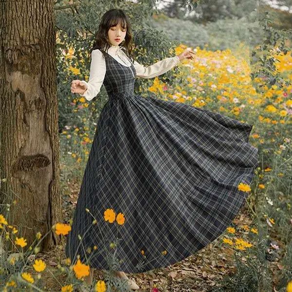 

dress for women autumn winter women dress new arrival retro stand collar flower embroidery plaid long sleeve woman long dress, Black;gray