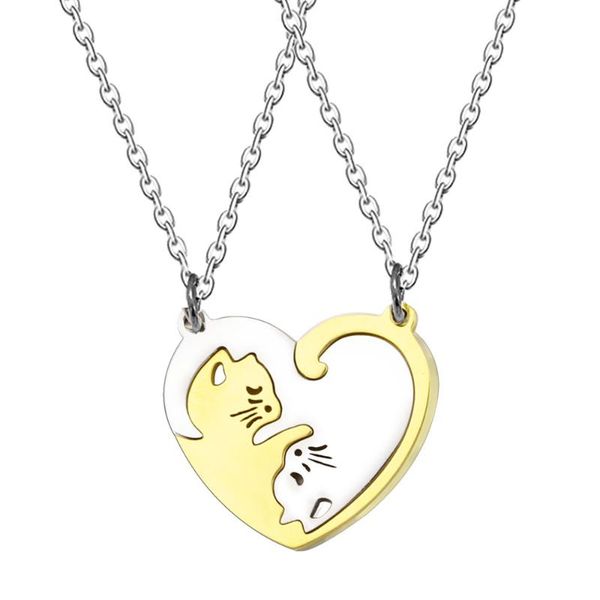 

pendant necklaces heart-shaped stitching stainless steel necklace yin and yang cat couple keychain jewelry gold, Silver