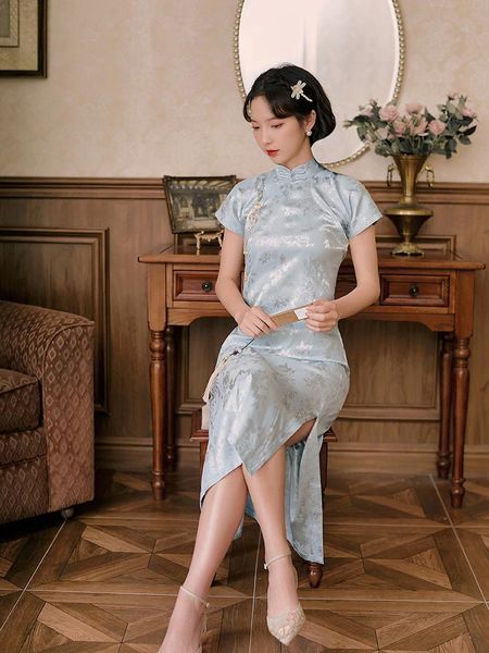 

ethnic clothing real silk cheongsam cyan grey traditional chinese dresses summer printed short sleeves one piece qipao retro easy oversize d, Red