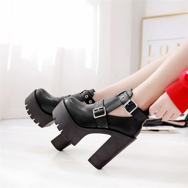 

women super high heel gladiator sandals punk rock gothic chunky block rome thick platform buckle rivet shoe dress shoes, Black