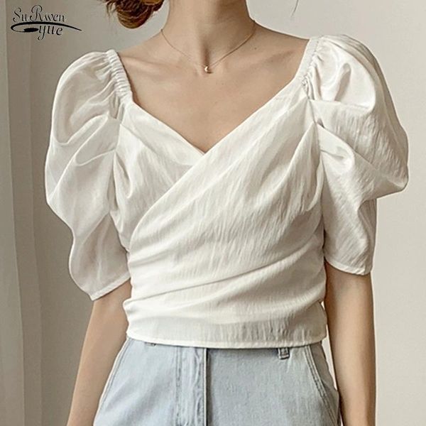 

women's blouses & shirts summer 2021 chic v-neck lace up short elegant puff sleeve women solid casual chiffon blusas femme 14277, White
