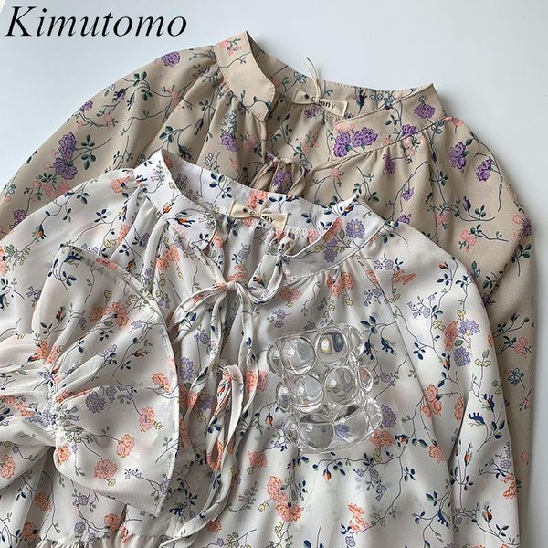 

kimutomo elegant floral print lace up blouse women spring fashion korean chic female o neck flare sleeve casual shirt 210521, White