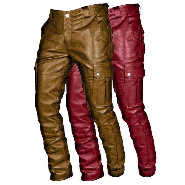 

men's pants telotuny punk retro goth slim casual long autumn winter faux leather fashion solid color trousers, Black