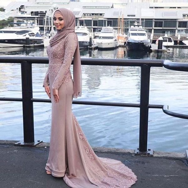 

party dresses 2021 dark pink muslim evening satin appliques long sleeves with scarf islamic dubai saudi arabic prom gown, White;black