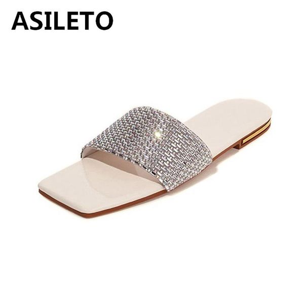 

slippers asileto 2021 summer chic glitter bling rhinestone crystal flat for women open toe fashion female slides mules, Black