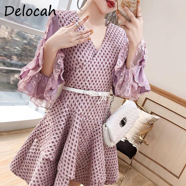 

casual dresses delocah women autumn fashion runwayÂ short dress flare sleeve lace ruffles sashes high waist ladies a-line vestidos 2021, Black;gray