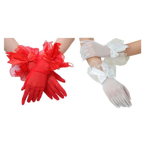 

bridal gloves wedding sheer mesh thin short faux pearl satin bowknot agaric wavy trim ruffles formal party mittens, White