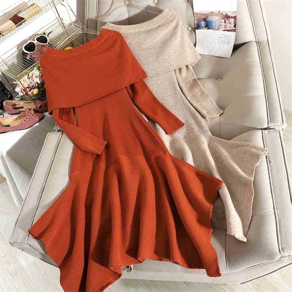 

autumn winter sweater dress women slim a line off shoulder es elegant ladies vintage irregular knitted vestidos 210525, Black;gray
