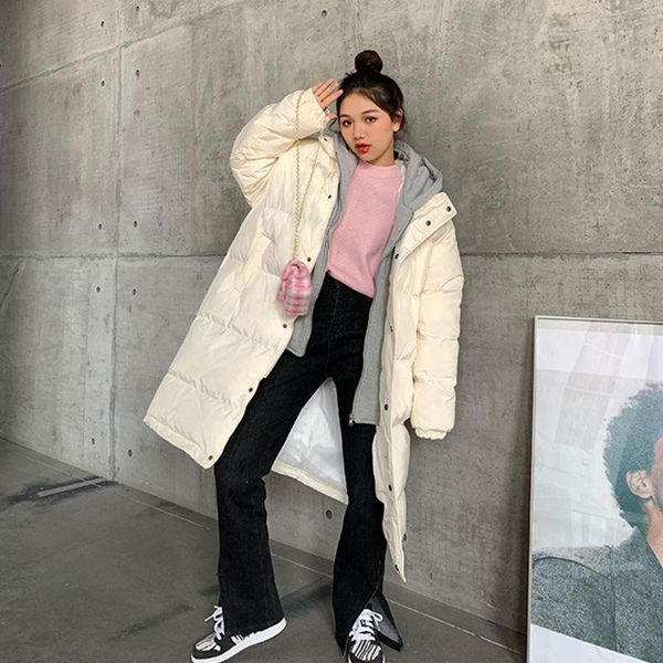 

women's down & parkas 2021 women winter long white duck jackets female fake two-piece hooded coats ladies thicken warm loose outwear t7, Black