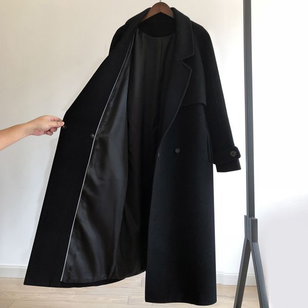 Coréia outono e inverno overcoat de lã mulheres x-longa cinto de laço solto preto cinza double face 100% jaqueta de casaco de lã