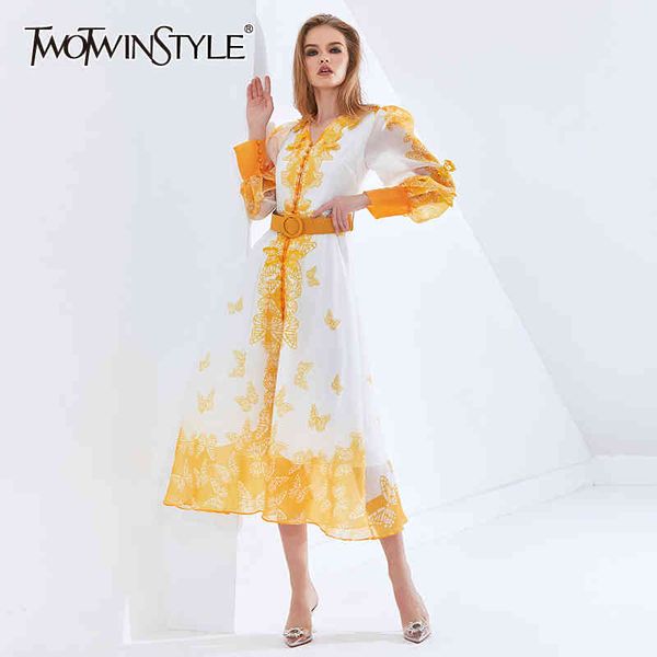 

vintage print hit color dress for women v neck lantern sleeve high waist sashes elegant dresses female fashion 210423, Black;gray