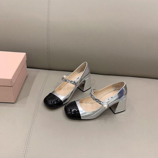 

dress shoes spring women pearl pumps girls brand chain heels woman closed toe stiletto ladies female silver, Black