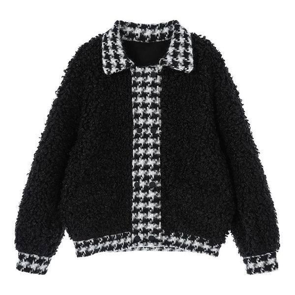 

women's jackets perhaps u women black teddy lambswool patchwork houndstooth wool button loose coat autumn winter c0411, Black;brown