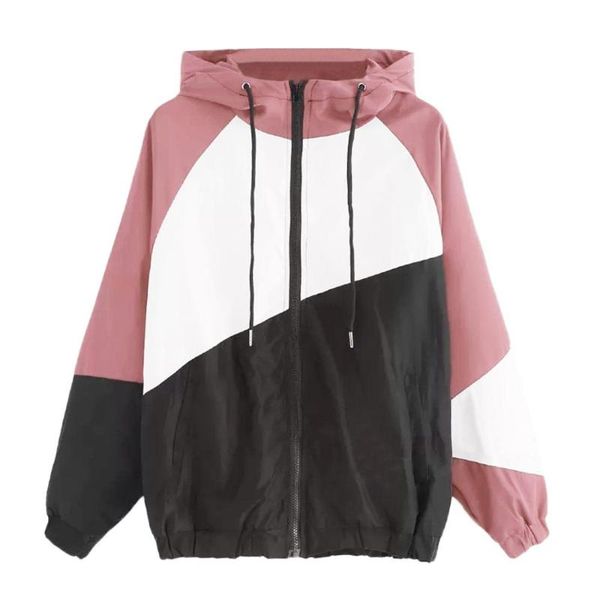 

women's jackets 2021 fashion women long sleeve patchwork thin hooded zipper casual sport coat kurtka damska y, Black;brown